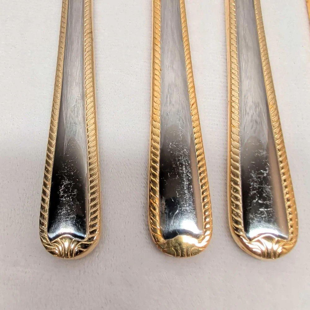 Set of 6 Stainless Steel Dinner Knives Gold Rope Trim Two Tone 9 Inch Flatware